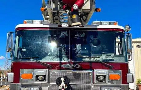 Greta sitting on a firetruck