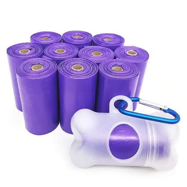 Purple dog poop bags in a group over white background